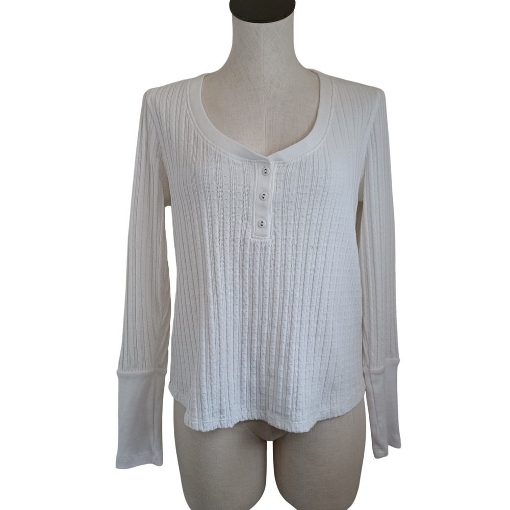 Sundance White Pointelle Ribbed Henley Long Sleeve Top Small